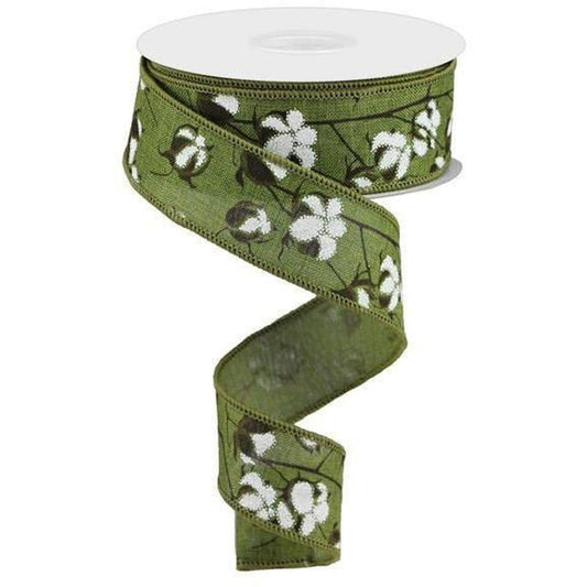 1.5" Cotton Pod Ribbon: Moss Green & White (10 Yards)