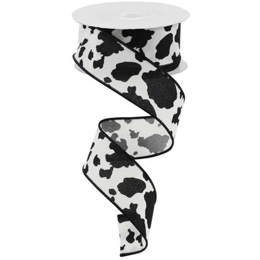 1.5" Cowhide Print Ribbon: Black & Ivory (10 Yards)