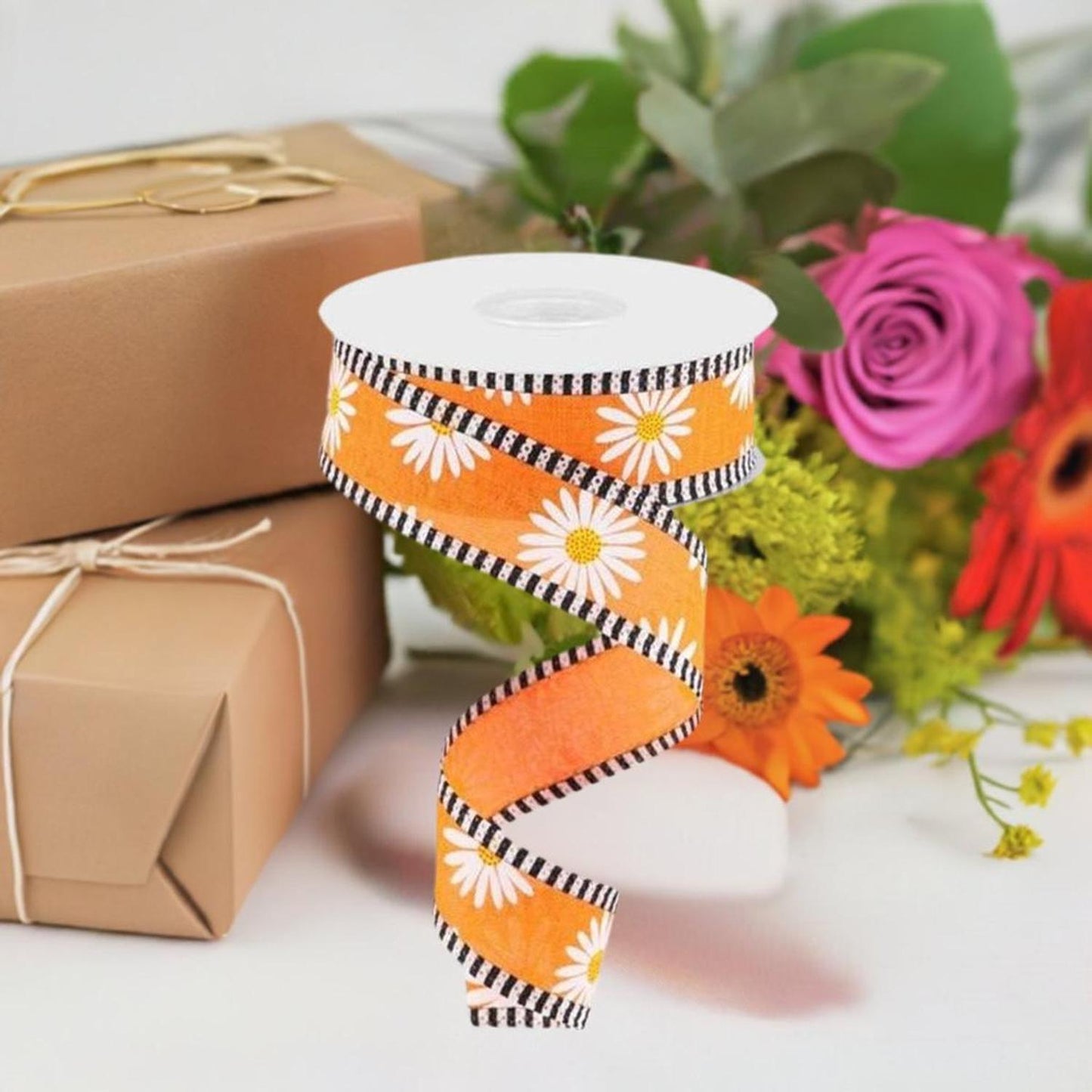 1.5" Daisy Stripe Royal Ribbon: New Orange (10 Yards)