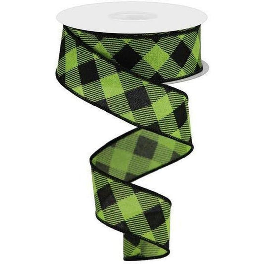 1.5" Diagonal Check On Royal Ribbon: Lime Green (10 Yards)