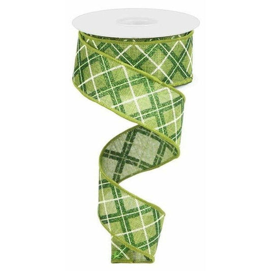 1.5" Diagonal Glitter Check Ribbon: Moss Green (10 Yards)