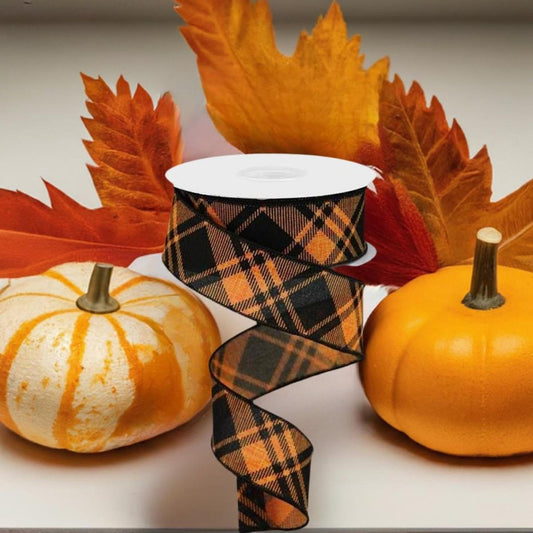 1.5" Diagonal Stripe and Check Ribbon: Orange (10 Yards)