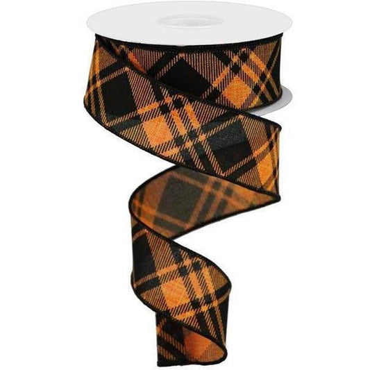 1.5" Diagonal Stripe and Check Ribbon: Orange (10 Yards)