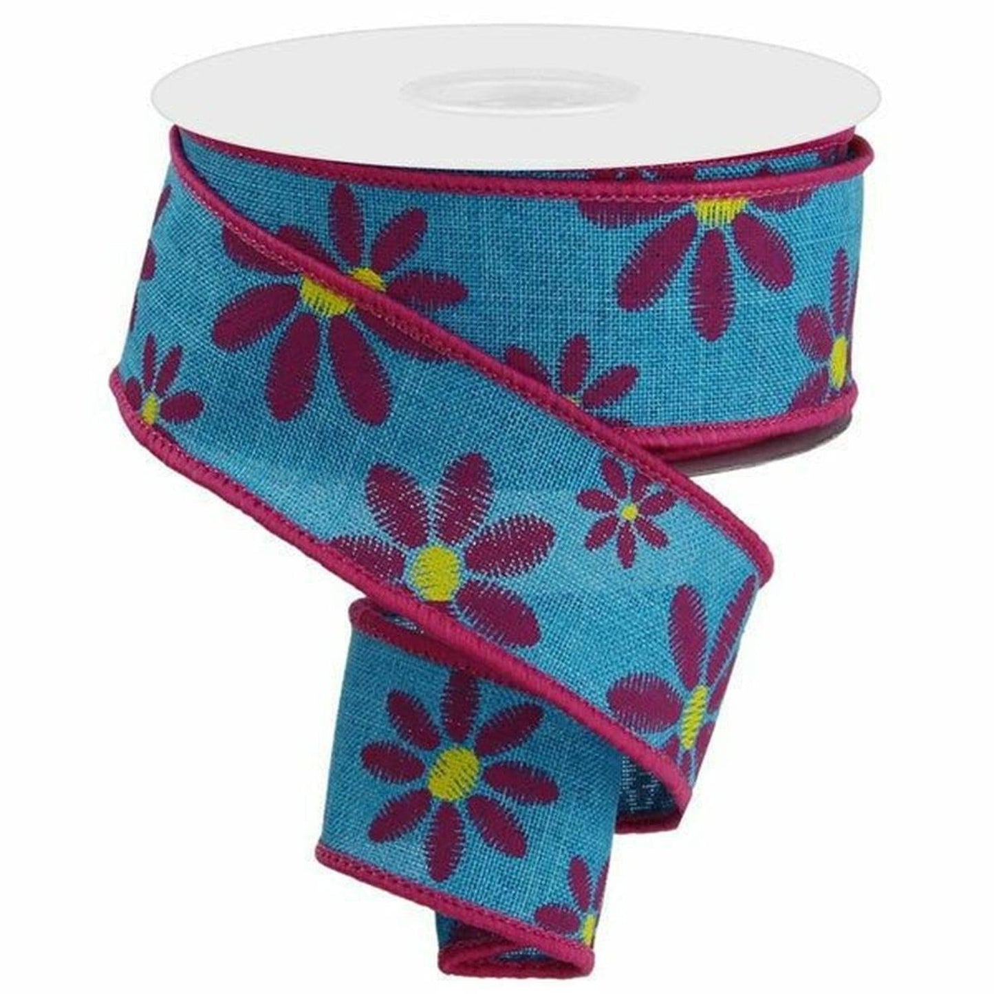 1.5" Embroidered Daisy Ribbon: Light Teal (10 Yards)