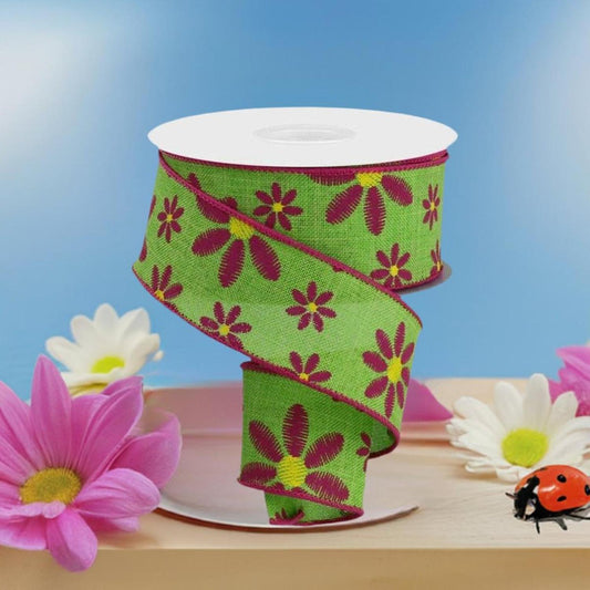 1.5" Embroidered Daisy Ribbon: Lime Green (10 Yards)