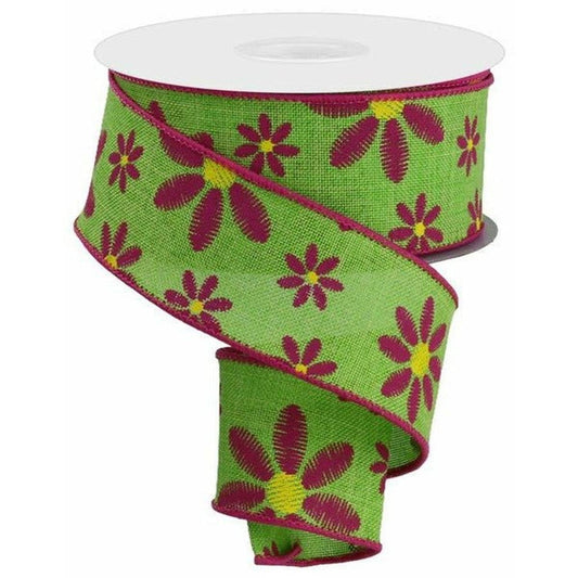 1.5" Embroidered Daisy Ribbon: Lime Green (10 Yards)