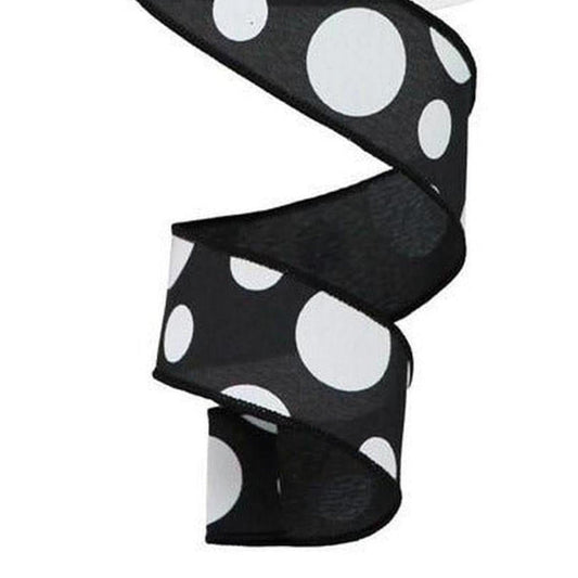 1.5" Giant Three Size Polka Dot Ribbon: Black/White (10 Yards)