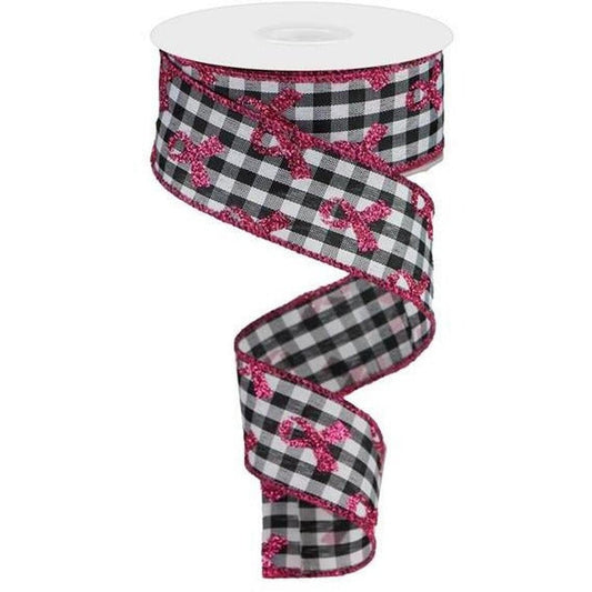 1.5" Gingham Cancer Ribbon: Black (10 Yards)