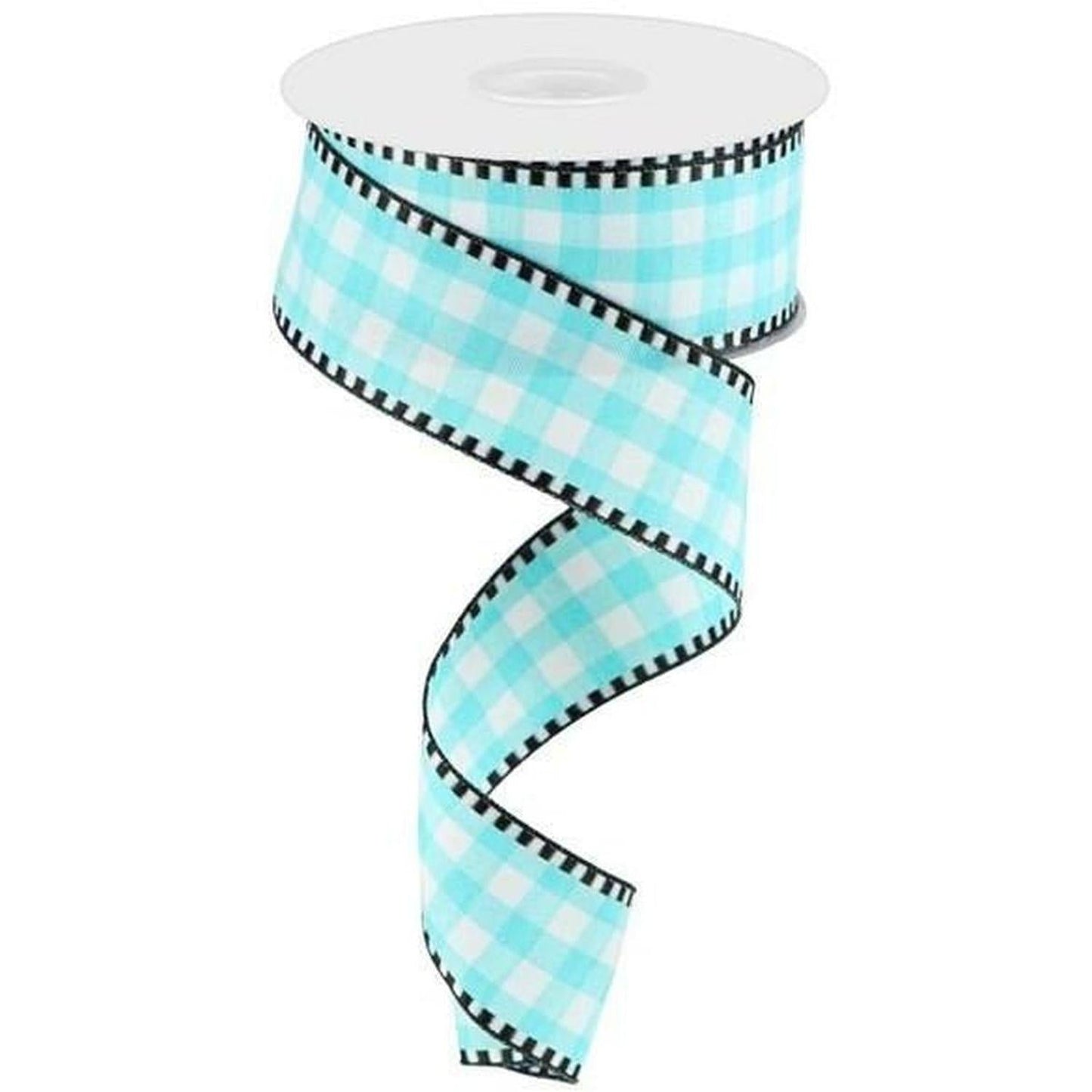 1.5" Gingham Check Ribbon: Turquoise/White (10 Yards)