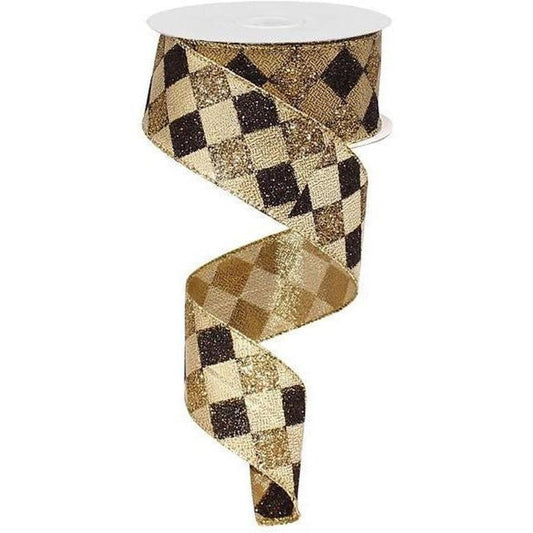 1.5" Glitter Diamond Check Ribbon: Black & Gold (10 Yards)