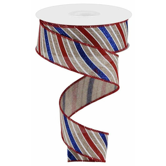 1.5" Glitter Multi Diagonal Stripe Ribbon: Natural (10 Yards)