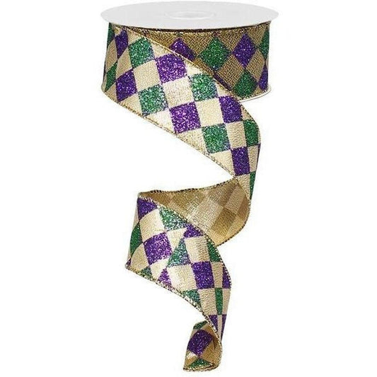 1.5" Harlequin Glitter Diamond Ribbon:  Mardi Gras (10 Yards)