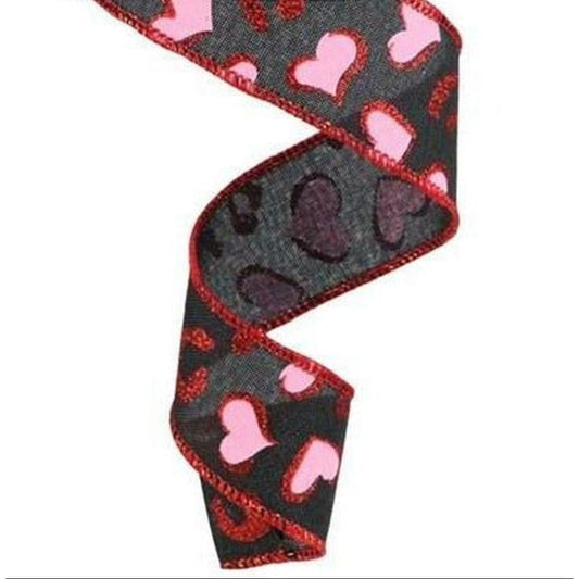 1.5" Heart Leopard Spots Ribbon: Black (10 Yard)