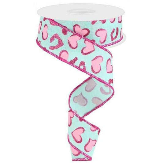 1.5" Heart Leopard Spots Ribbon: Mint Green (10 Yard)
