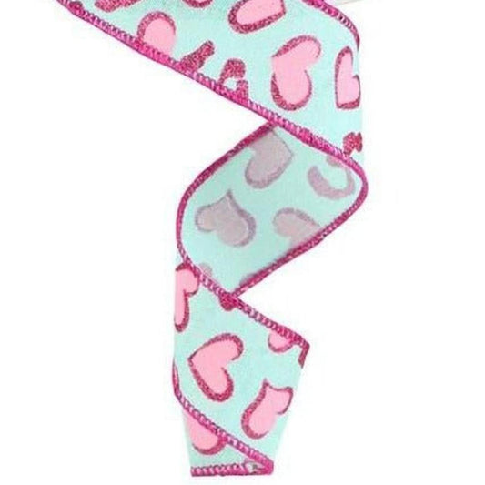 1.5" Heart Leopard Spots Ribbon: Mint Green (10 Yard)