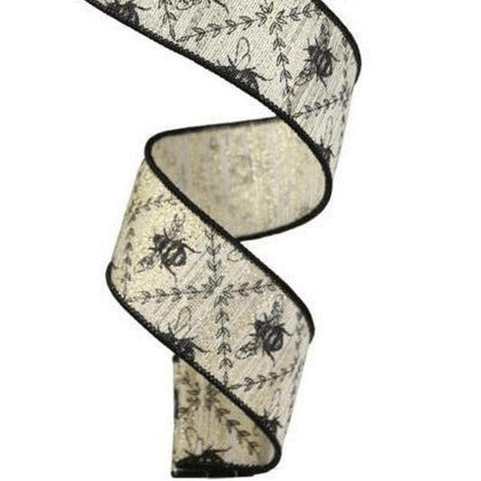 1.5" Honey Bee Trellis On Metallic Ribbon: Gold (10 Yards)