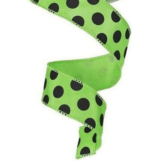 1.5" Large Polka Dot Ribbon: Lime Green & Black (10 Yards)
