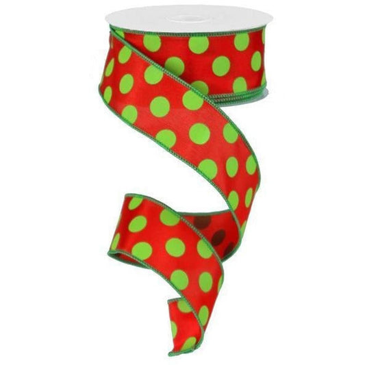 1.5" Large Polka Dot Ribbon: Red & Lime Green (10 Yards)