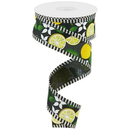 1.5" Lemon Thin Stripes Ribbon: Black (10 Yards)