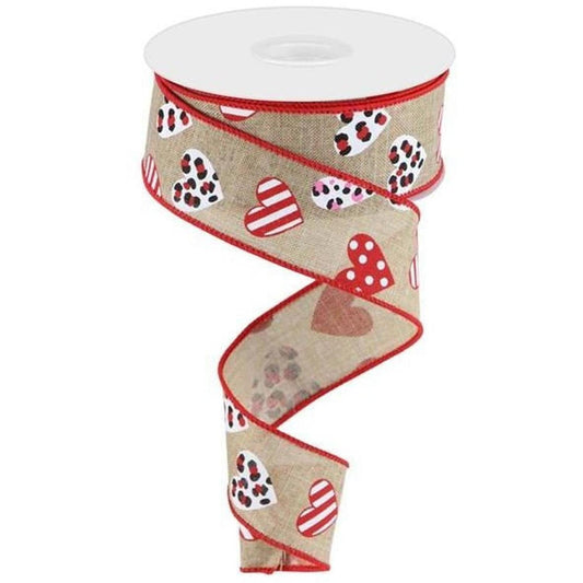 1.5" Leopard Hearts Ribbon: Light Beige (10 Yard)