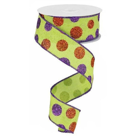 1.5" Lime Green Ribbon with Multi Glitter Dots