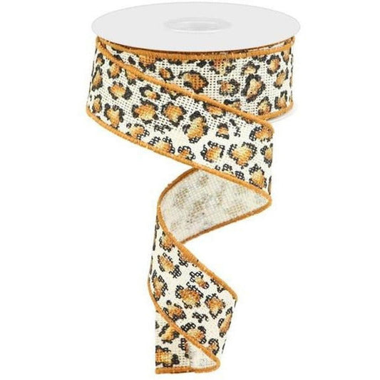 1.5" Metallic Leopard Print Burlap Ribbon: Off White (10 Yards)