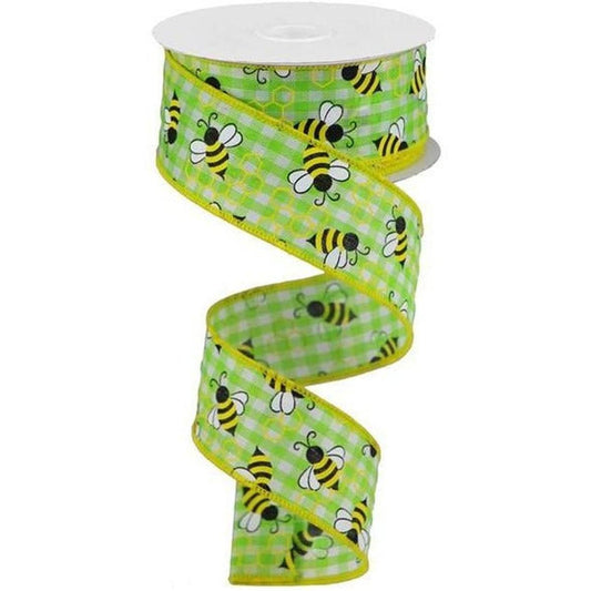 1.5" Mini Bumblebees on Check Ribbon: Lime Green (10 Yards)