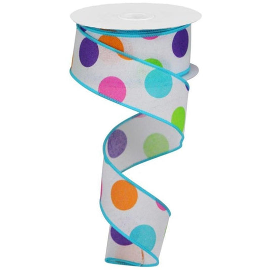 1.5" Multi Polka Dots on Royal Ribbon: White (10 Yards)