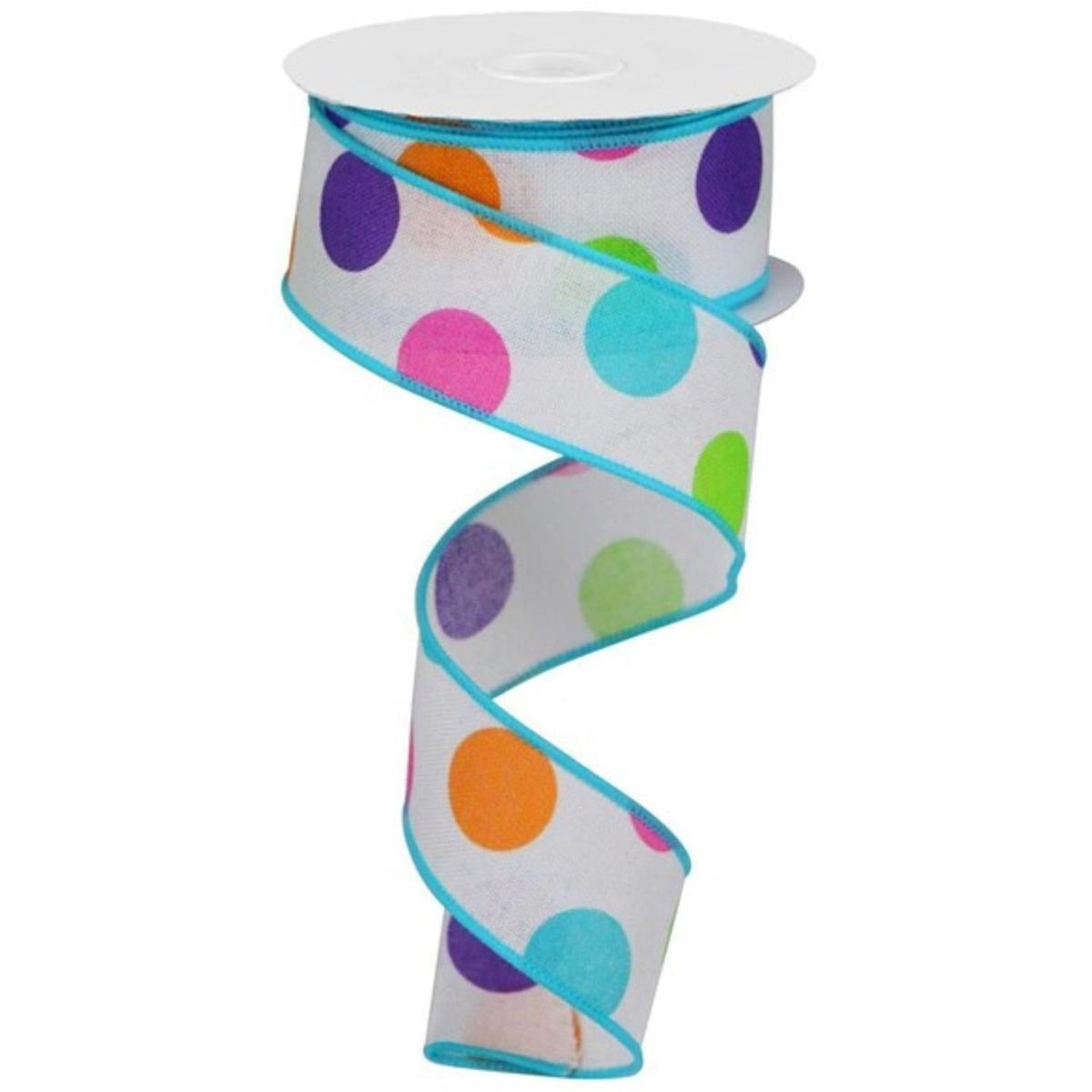1.5" Multi Polka Dots on Royal Ribbon: White (10 Yards)