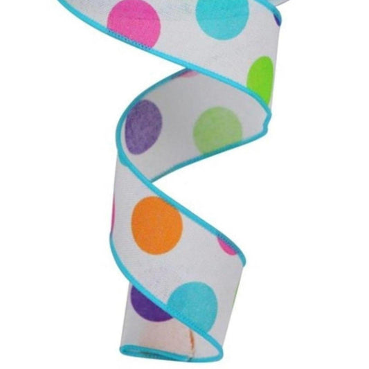 1.5" Multi Polka Dots on Royal Ribbon: White (10 Yards)