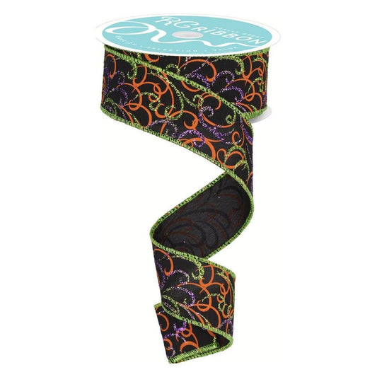 1.5" Multi Swirls Glitter Ribbon: Black/Orange/Purple/Lime (10 Yard)