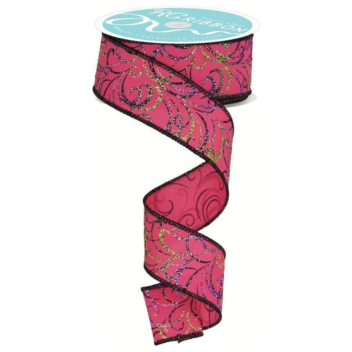 1.5" Multi Swirls Glitter Ribbon: Hot Pink/Lime/Black (10 Yard)