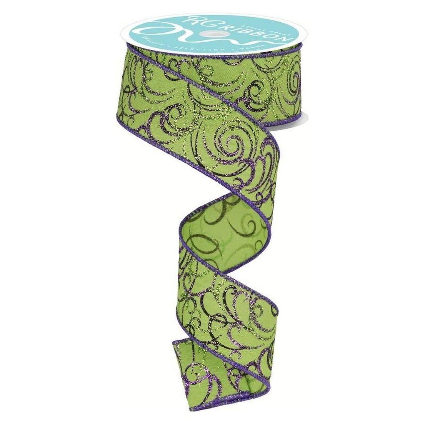 1.5" Multi Swirls Glitter Ribbon: Lime Green/Purple (10 Yard)