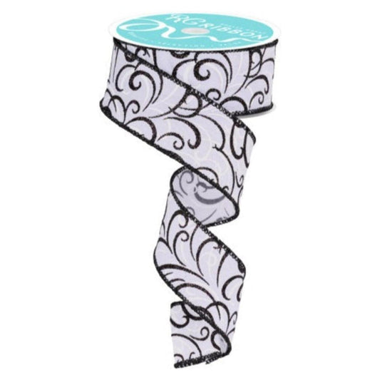 1.5" Multi Swirls Glitter Ribbon: White/Black (10 Yard)
