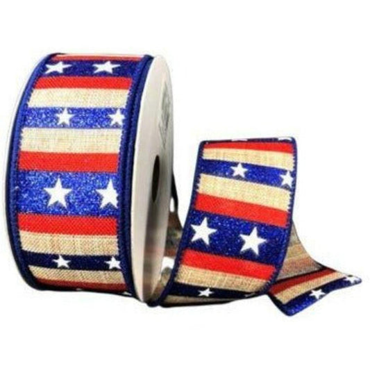 1.5" Navy Glitter Stripes With Stars Ribbon: Natural (10 Yards)