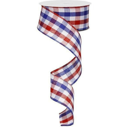 1.5" Patriotic Gingham Plaid Ribbon: Red, White & Blue (10 Yards)