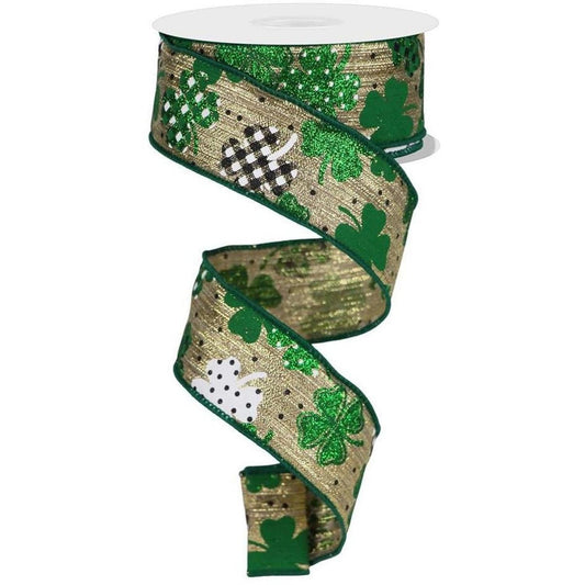 1.5" Pattern Shamrock Ribbon: Gold (10 Yards)