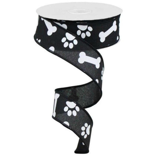 1.5" Paw Print Royal Ribbon: Black (10 Yards)