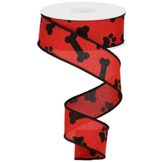 1.5" Paw Print Royal Ribbon: Red & Black (10 Yards)