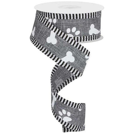 1.5" Paw Print Thin Stripes Ribbon: Grey (10 Yards)