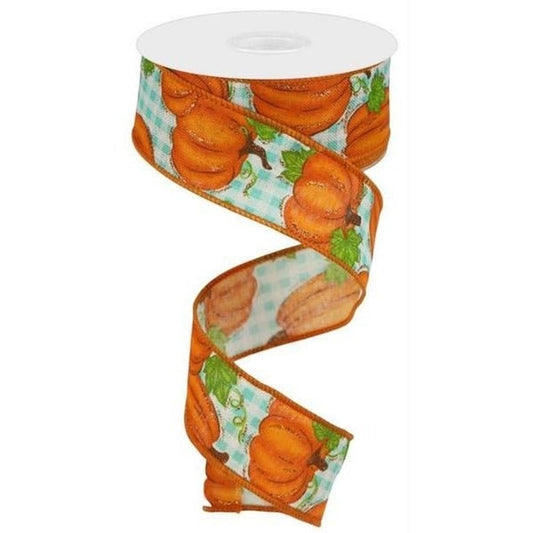1.5" Pumpkin Patch Ribbon: Turquoise Check (10 Yards)