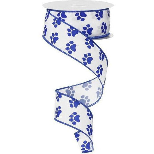 1.5" Satin Paw Print Ribbon: Blue & White (10 Yards)