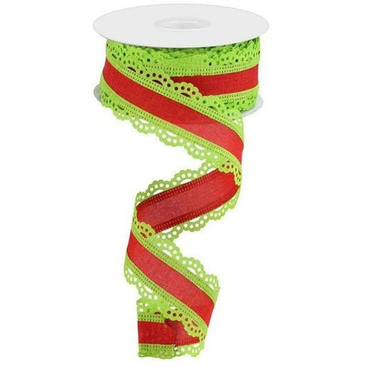 1.5" Scalloped Edge Ribbon: Red/Lime Green (10 Yards)