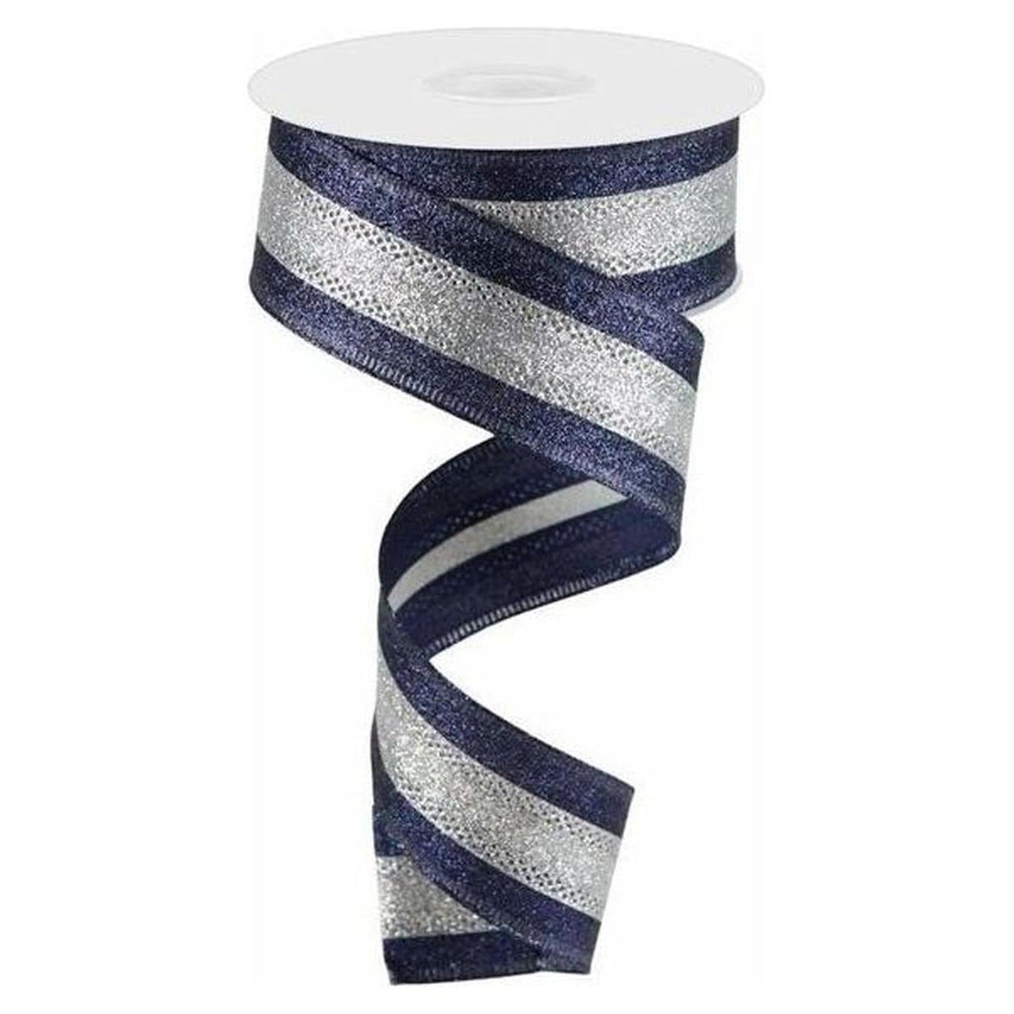1.5" Shimmer Glitter Stripe Ribbon: Silver/Navy Blue (10 Yards)