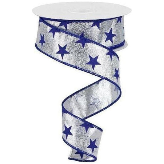1.5" Stars on Metallic Ribbon: Silver (10 Yards)
