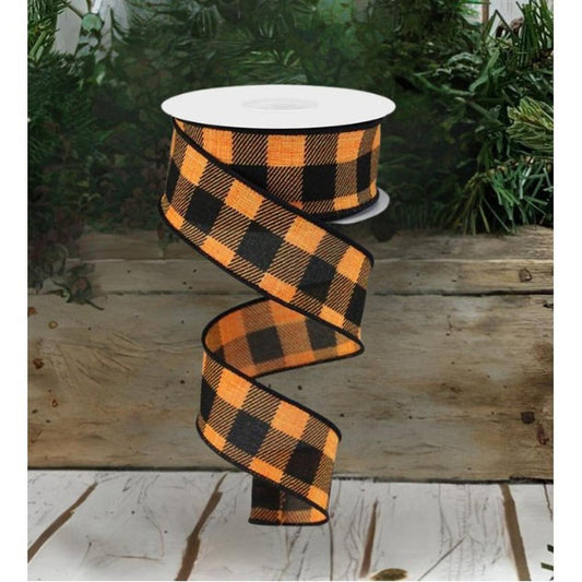 1.5" Striped Check on Royal Ribbon: Orange/Black (10 Yards)