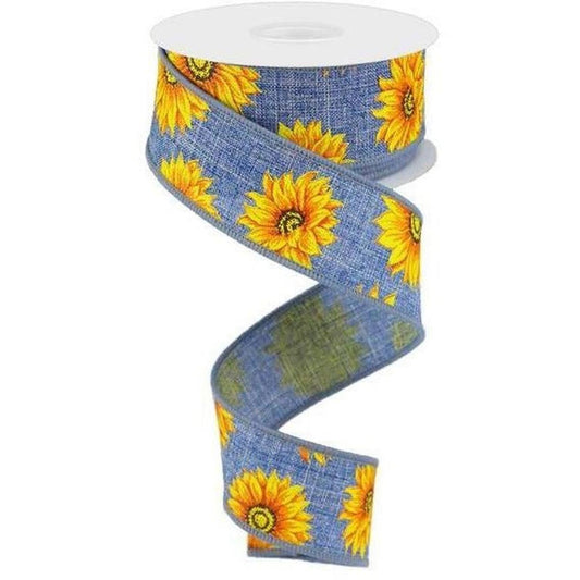 1.5" Sunflower on Canvas Ribbon: Denim (10 Yards)