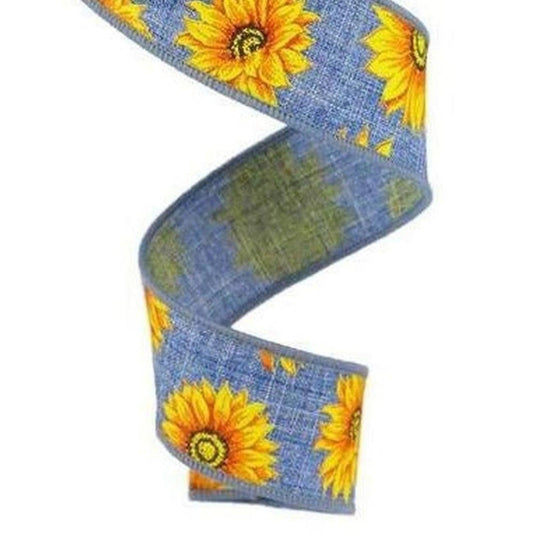 1.5" Sunflower on Canvas Ribbon: Denim (10 Yards)