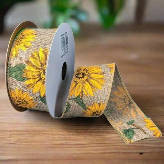 1.5" Sunflowers Linen Ribbon: Light Natural (10 Yards)