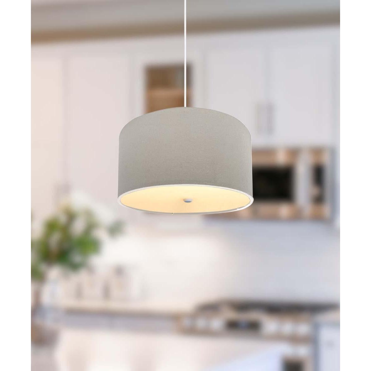 16" W 2 Light Pendant Light Oatmeal Linen Drum Shade with Diffuser, White Cord